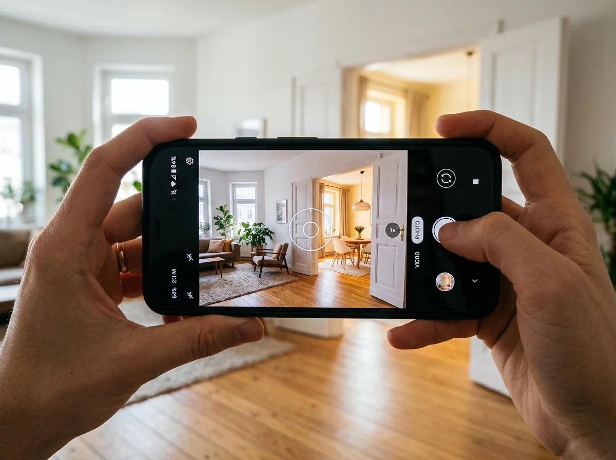 Taking a smartphone photo in a bright living room with the doorway to the next room in frame