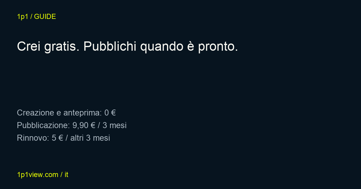 Prezzi di pubblicazione e hosting in 1p1. Il miglioramento con IA si acquista separatamente.